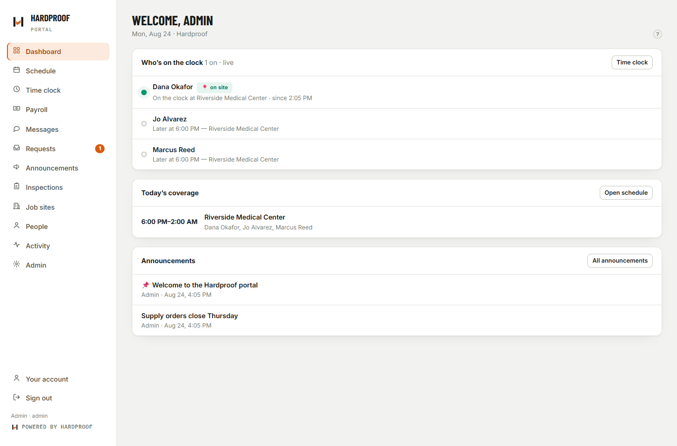 Manager dashboard with the live board
